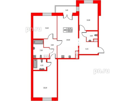 Квартира в ЖК «Моисеенко 10», 3 комнатная, 109.3 м², 5 этаж