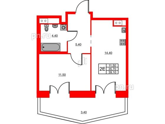 Квартира в ЖК Моисеенко X, 1 комнатная, 39.3 м², 8 этаж