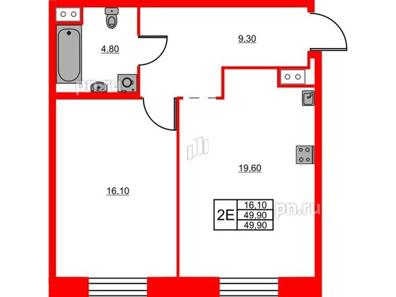 Квартира в ЖК Моисеенко X, 1 комнатная, 49.8 м², 3 этаж