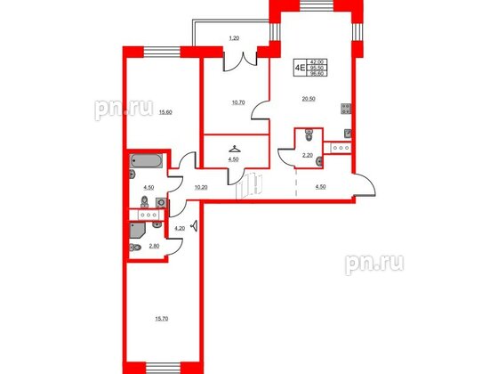 Квартира в ЖК Моисеенко X, 3 комнатная, 97.4 м², 5 этаж