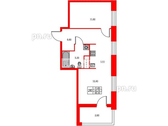 Квартира в ЖК «Моисеенко 10», 1 комнатная, 46.3 м², 5 этаж