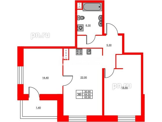 Квартира в ЖК «Моисеенко 10», 2 комнатная, 65.9 м², 8 этаж