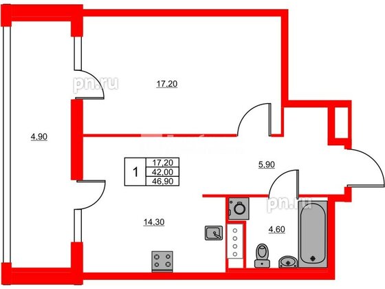Квартира в ЖК «Моисеенко 10», 1 комнатная, 46.9 м², 5 этаж