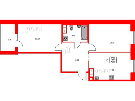 Квартира в ЖК Моисеенко X, 2 комнатная, 73.7 м², 6 этаж