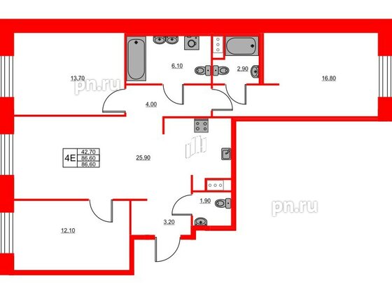 Квартира в ЖК Моисеенко X, 3 комнатная, 86.6 м², 3 этаж