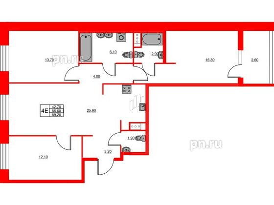 Квартира в ЖК Моисеенко X, 3 комнатная, 89.2 м², 4 этаж