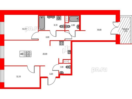 Квартира в ЖК Моисеенко X, 3 комнатная, 88.3 м², 10 этаж