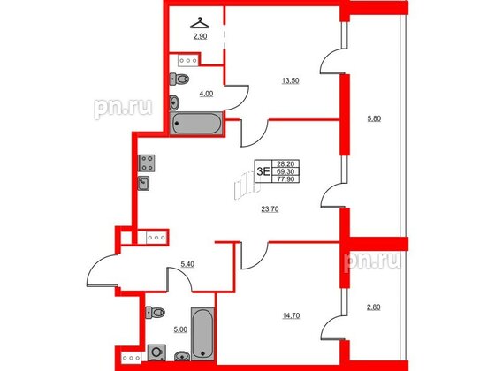 Квартира в ЖК Моисеенко X, 2 комнатная, 77.9 м², 4 этаж