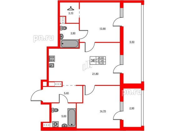 Квартира в ЖК Моисеенко X, 2 комнатная, 76.2 м², 8 этаж