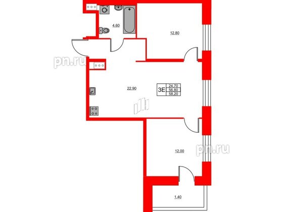 Квартира в ЖК Моисеенко X, 2 комнатная, 58.2 м², 4 этаж