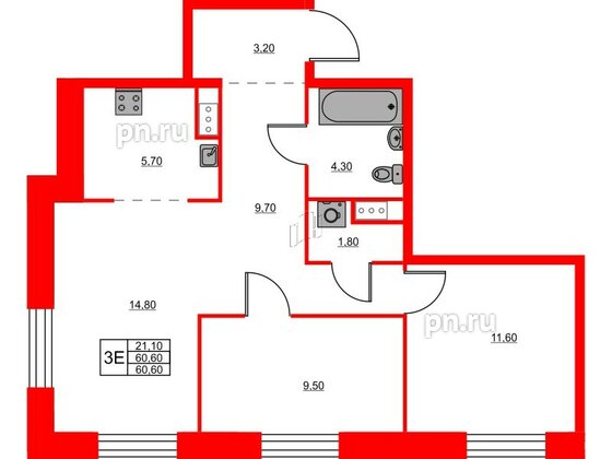 Квартира в ЖК Моисеенко X, 2 комнатная, 60.6 м², 3 этаж