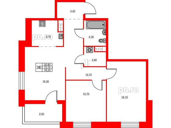 Квартира в ЖК Моисеенко X, 2 комнатная, 75.7 м², 4 этаж