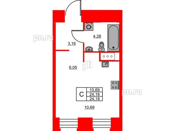 Квартира в ЖК Моисеенко X, студия, 24.18 м², 3 этаж