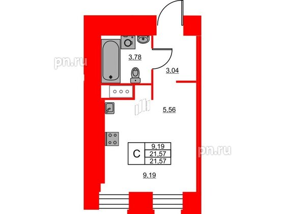 Квартира в ЖК Моисеенко X, студия, 22 м², 2 этаж