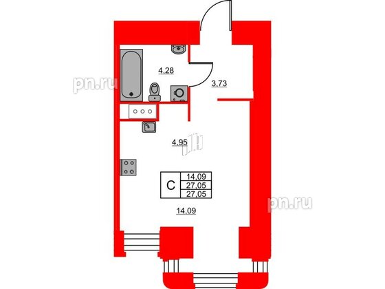 Квартира в ЖК Моисеенко X, студия, 26.6 м², 4 этаж