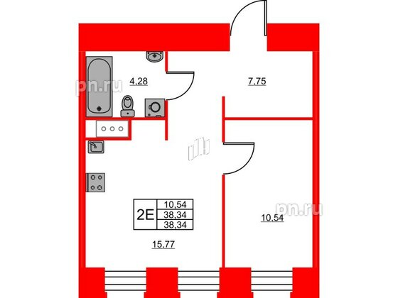 Квартира в ЖК Моисеенко X, 1 комнатная, 38.34 м², 3 этаж