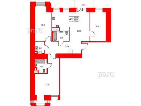 Квартира в ЖК Моисеенко X, 3 комнатная, 100.65 м², 3 этаж