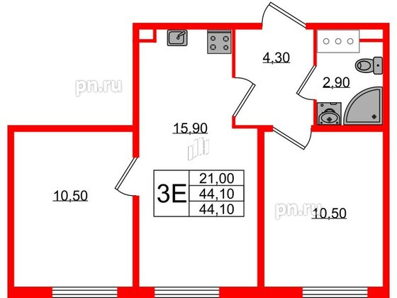 Квартира в ЖК Октябрьская Набережная ЖК, 2 комнатная, 44.1 м², 16 этаж