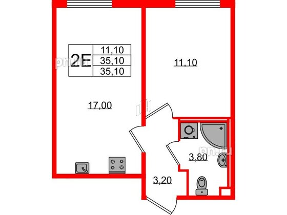 Квартира в ЖК Октябрьская Набережная ЖК, 1 комнатная, 35.1 м², 16 этаж