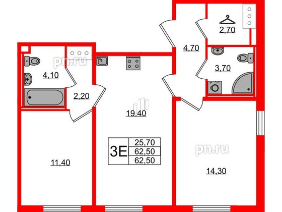 Квартира в ЖК Октябрьская Набережная ЖК, 2 комнатная, 62.5 м², 14 этаж