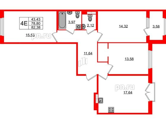 Квартира в ЖК Дубровский, 3 комнатная, 78.8 м², 3 этаж