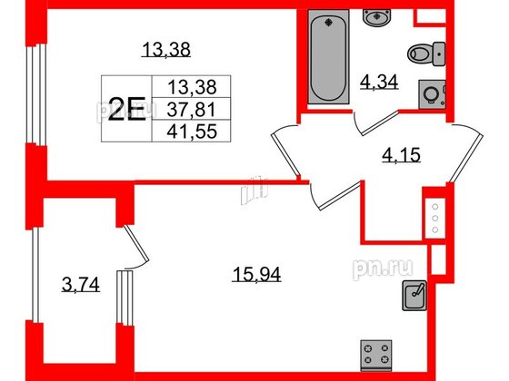 Квартира в ЖК Дубровский, 1 комнатная, 37.81 м², 2 этаж