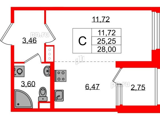 Квартира в ЖК Дубровский, студия, 25.25 м², 3 этаж