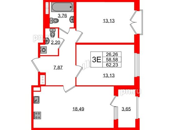 Квартира в ЖК Дубровский, 2 комнатная, 58.58 м², 2 этаж