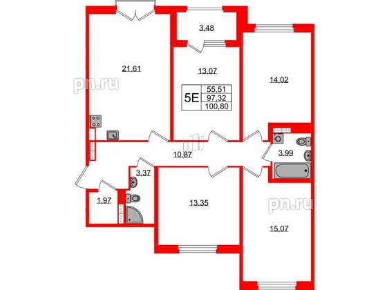 Квартира в ЖК Дубровский, 4 комнатная, 97.32 м², 2 этаж