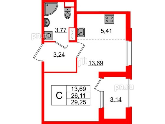 Квартира в ЖК Дубровский, студия, 26.11 м², 2 этаж