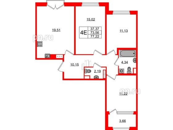 Квартира в ЖК Дубровский, 3 комнатная, 73.56 м², 3 этаж