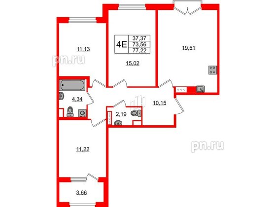 Квартира в ЖК Дубровский, 3 комнатная, 73.56 м², 2 этаж