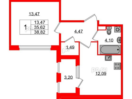 Квартира в ЖК Дубровский, 1 комнатная, 35.62 м², 1 этаж