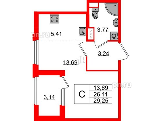 Квартира в ЖК Дубровский, студия, 26.11 м², 2 этаж