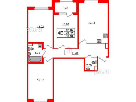 Квартира в ЖК Дубровский, 3 комнатная, 79.62 м², 1 этаж