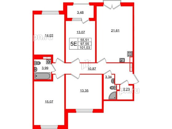 Квартира в ЖК Дубровский, 4 комнатная, 97.32 м², 2 этаж