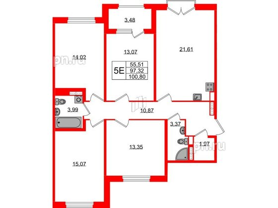 Квартира в ЖК Дубровский, 4 комнатная, 97.32 м², 3 этаж