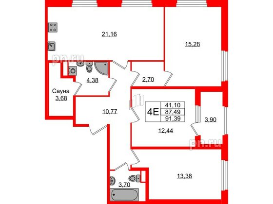 Квартира в ЖК Дубровский, 3 комнатная, 87.49 м², 1 этаж