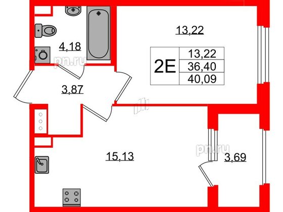 Квартира в ЖК Дубровский, 1 комнатная, 36.4 м², 2 этаж