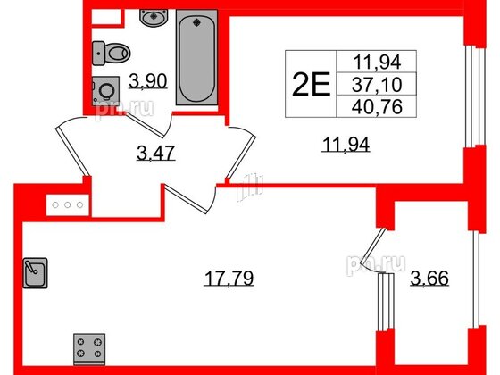 Квартира в ЖК Дубровский, 1 комнатная, 37.1 м², 2 этаж