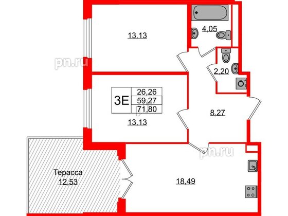 Квартира в ЖК Дубровский, 2 комнатная, 59.27 м², 1 этаж