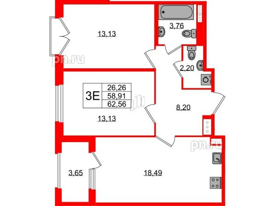 Квартира в ЖК Дубровский, 2 комнатная, 58.58 м², 2 этаж