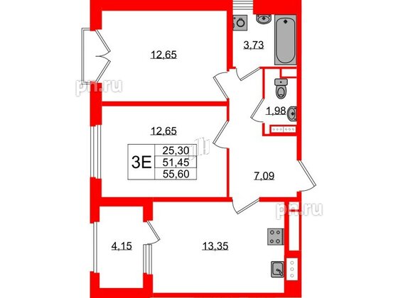 Квартира в ЖК Дубровский, 2 комнатная, 51.45 м², 2 этаж