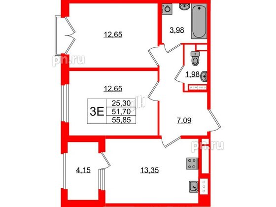 Квартира в ЖК Дубровский, 2 комнатная, 51.7 м², 3 этаж