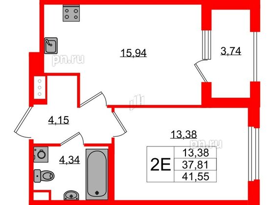 Квартира в ЖК Дубровский, 1 комнатная, 37.81 м², 3 этаж