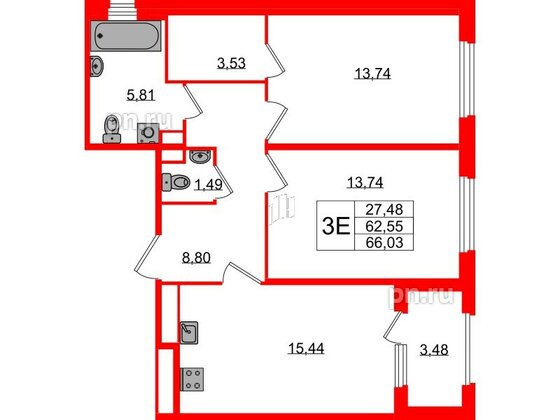 Квартира в ЖК Дубровский, 2 комнатная, 62.55 м², 1 этаж