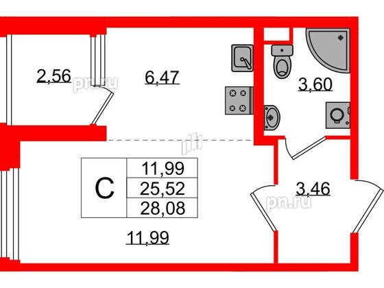 Квартира в ЖК Дубровский, студия, 25.52 м², 1 этаж