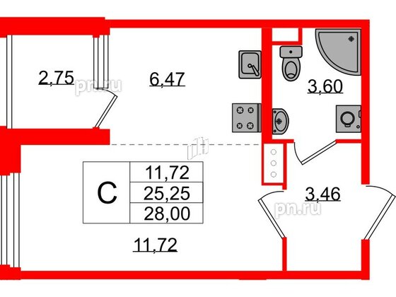 Квартира в ЖК Дубровский, студия, 25.25 м², 3 этаж