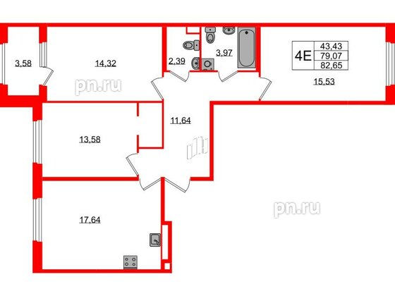 Квартира в ЖК Дубровский, 3 комнатная, 79.07 м², 2 этаж