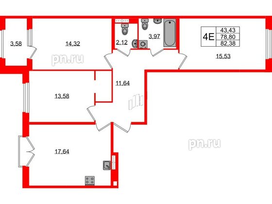 Квартира в ЖК Дубровский, 3 комнатная, 78.8 м², 3 этаж